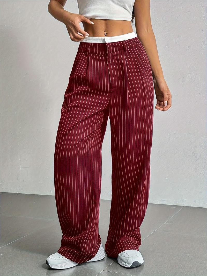 Product Introduction of Women's High-Waist Striped Wide-Leg Blazer Pants - Navy Blue & White Vertical Stripes, Polyester, Casual Style, Machine Washable, Spring/Summer/Fall Wear, Versatile Legwear | Wideleg Design | Glossy Texture, Wide Leg Pants 16