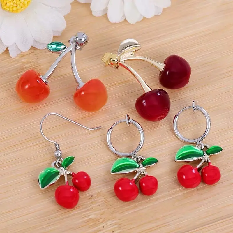 CHERRY EAR HOOK EARRINGS 15mm -  Sweet and Fruity life-like cherry resin stainless steel earrings 4