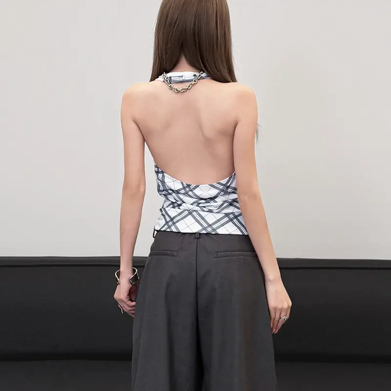 European and American style 2025 spring new women's clothing fashionable and simple halter neck backless design plaid sleeveless small vest Womenswear Comfort 4