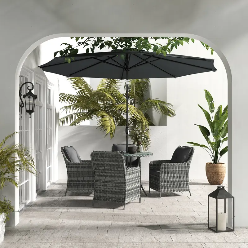 4 Seater Rattan Dining Set with Parasol & Cushions - Mixed Grey 1