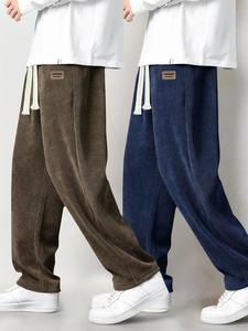 Men's Letter Patched Drawstring Waist Corduroy Pants, Casual Comfy Pocket Trousers for Fall & Winter, Men's Bottoms for Daily Wear