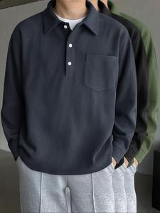 Men's Solid Corduroy Half Placket Polo Shirt, Casual Long Sleeve Collared Top for Spring & Fall, Fashion Men's Clothes for Daily Wear