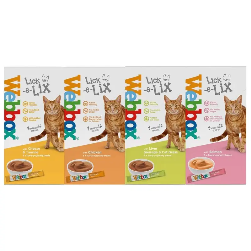 Webbox Lick-e-lix Cat Food Yoghurt Variety Pack (1 x Salmon 1 x Chicken 1 x Liver Sausage 1 x Cheese & Taurine) 0