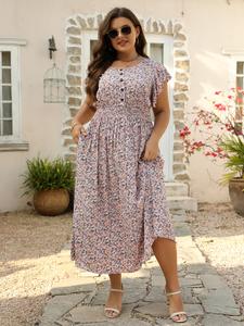 Plus Size Ditsy Floral Print Button Front Ruffle Shirred A Line Dress, Boho Romantic Cap Sleeve Round Neck Long Dress for Daily Holiday Vacation Wear, Summer Outfits 2024