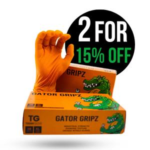 2 Boxes of Gator Gripz by Tough Glove - 2 Boxes of 50 Gloves (100 Gloves) - Super Strong 10 Mil Thick - Orange Diamond Grip -Disposable Nitrile Gloves - Latex & Powder Free,  Grip Mechanics Gloves, Industrial Automotive Gloves, Chemical Resistant Cleaning