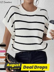 Women's Striped Print Batwing Sleeve Crew Neck Knit Top, Chic Style Casual Loose Short Sleeve Round Neck Knitwear for Fall & Winter, Fashion Ladies' Knit Clothing for Daily Wear, Womenswear