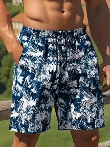 Men's Floral Print Contrast Trim Boxer Briefs, Loose Casual Comfy Breathable Shorts for Summer, Men's Bottoms for Beach Vacation