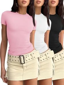 Women's Basic Solid Round Neck Tee, Fashion Casual Short Sleeve T-shirt for Daily Wear, Ladies Summer Clothes