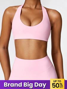 Women's Solid Wireless Halter Sports Bra, Breathable Comfortable High Stretch Sports Bra, Ladies Sportswear for Workout Gym Yoga, Fitness Clothes, Strappy Workout Bra, Yoga Gym Activewear