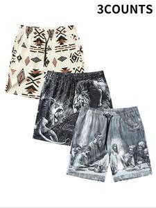 Men's All Over Print Pocket Drawstring Waist Shorts, Regular Fit Casual Ethnic Pattern Beach Shorts, Summer Bottoms for Men
