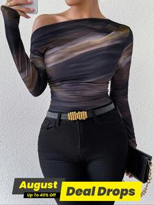 Women's All Over Print Ruched Asymmetrical Neck Tee, Elegant Long Sleeve T-shirt for Spring & Fall, Ladies Clothes for Daily Wear