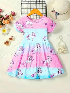 Girl's Cartoon Unicorn Print Short Sleeve Dress, Graphic Print Dress, Cute Casual  Fashion  Round Neck Dress for Summer, Kids Clothes for Daily Wear