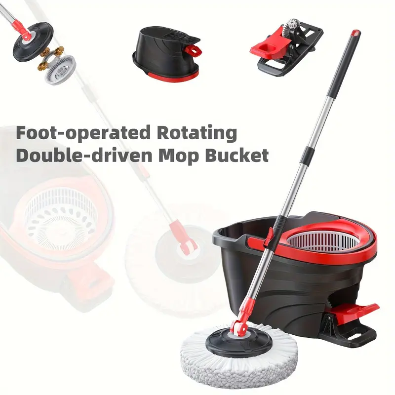 Rotating Mop No-Wash Household Cleaning Broom Bucket Set with Extendable Pole, Pedal Manual Pressure Dual-Drive Floor Cloth Suitable for Kitchen, Living Room, Bathroom Cleaning Use, Specialized for Large Sweeping 5