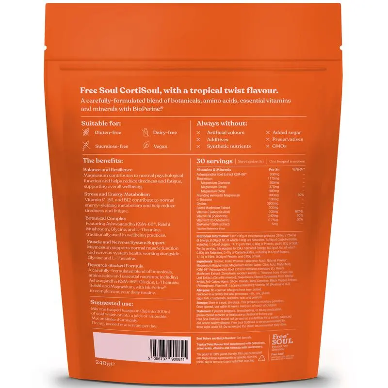 Free Soul - CortiSoul by Free Soul – Nutrient-Rich Superfoods, Adaptogens & Vitamins with KSM-66 Ashwagandha, Magnesium & Reishi Mushrooms | Gluten Free & Vegan | 30 Servings | Tropical Twist Flavour 7