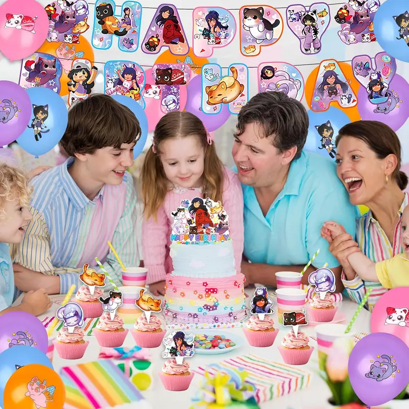 Cat Birthday Party Decoration, Cartoon Theme Party Decoration Supplies Birthday Party Supplies Set Including Cake Topper, Cupcake Topper, Latex Balloons, Happy Birthday Banner for Kids Boys Girls 4