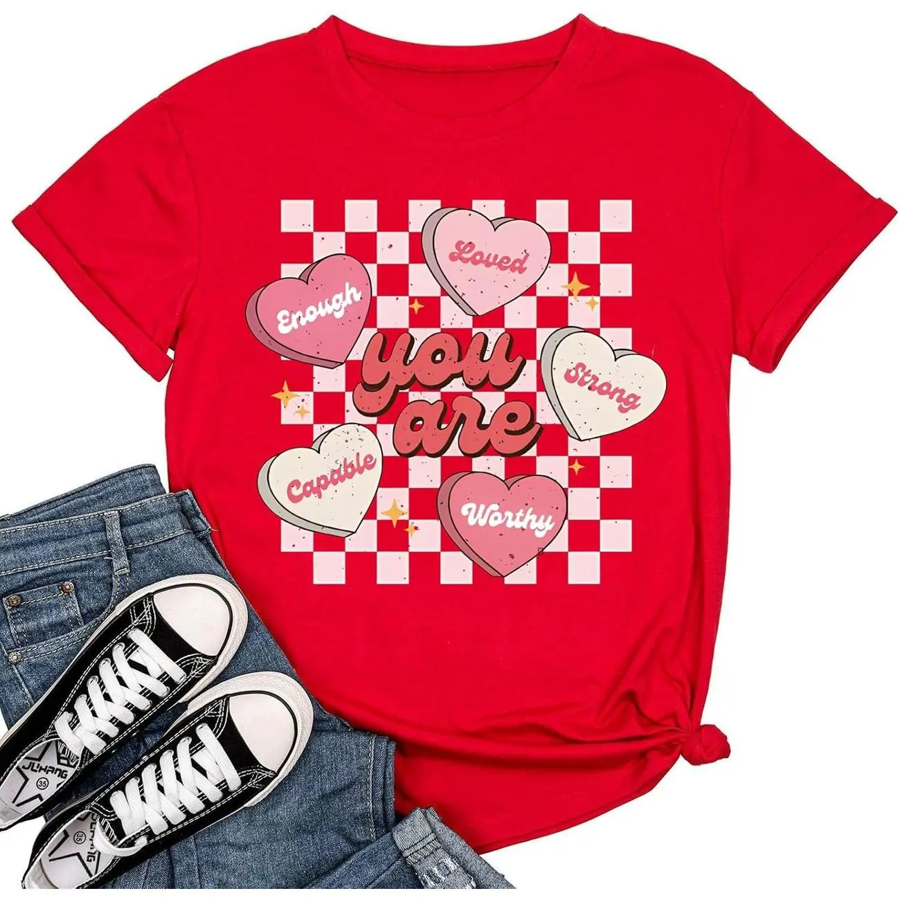 Women's Valentine Shirts Retro Candy Couple Love Heart Teacher You are Enough T-Shirt Casual Lover Gift Blouse Tops