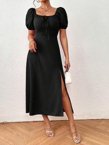 Women's Plain Shirred Split Thigh Dress, Casual Tie Front  Square Neck Short Sleeve Dress for Summer, Women's Clothing for Daily Wear