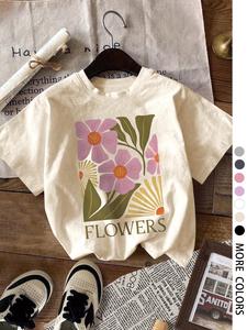 Women's Floral & Letter Print Round Neck Tee, Vintage Trendy Casual Short Sleeve T-shirt for Daily Wear, Ladies Summer Outfit, Top, Womenswear, Graphic Tee