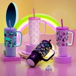 【MEOKY 24oz Printed】Small Capacity Tumbler, Drum With Handle And Straw, Insulated Stainless Steel Travel Cup, Reusable Straw, Leak Proof, Noise Reducing, Suitable For Travel, Family