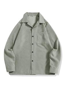 Men's Solid Button Front Pocket Suede Jacket, Loose Casual Drop Shoulder Long Sleeve Outerwear for Fall & Winter, Men's Clothes for Daily Wear