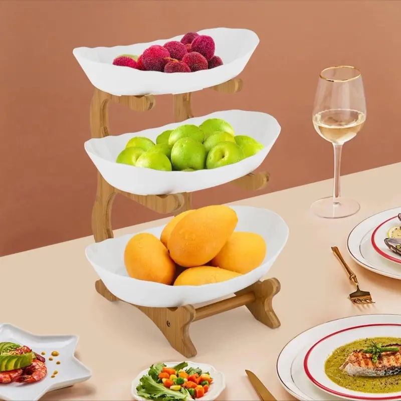 3 Tier Fruit Storage Basket Wooden Bowl Holder Utility Rack & Dining Stand 1