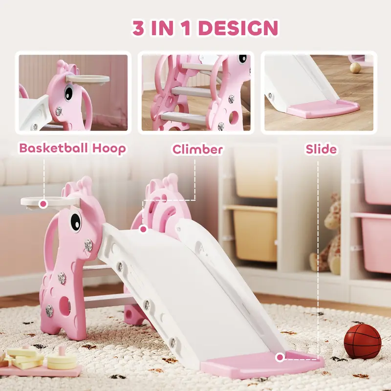 AIYAPLAY 3 in 1 Kids Slide with Climber, Basketball Hoop and Ball, Giraffe Shape Climber Slide for Indoor Kids Age 1-3, Pink 3