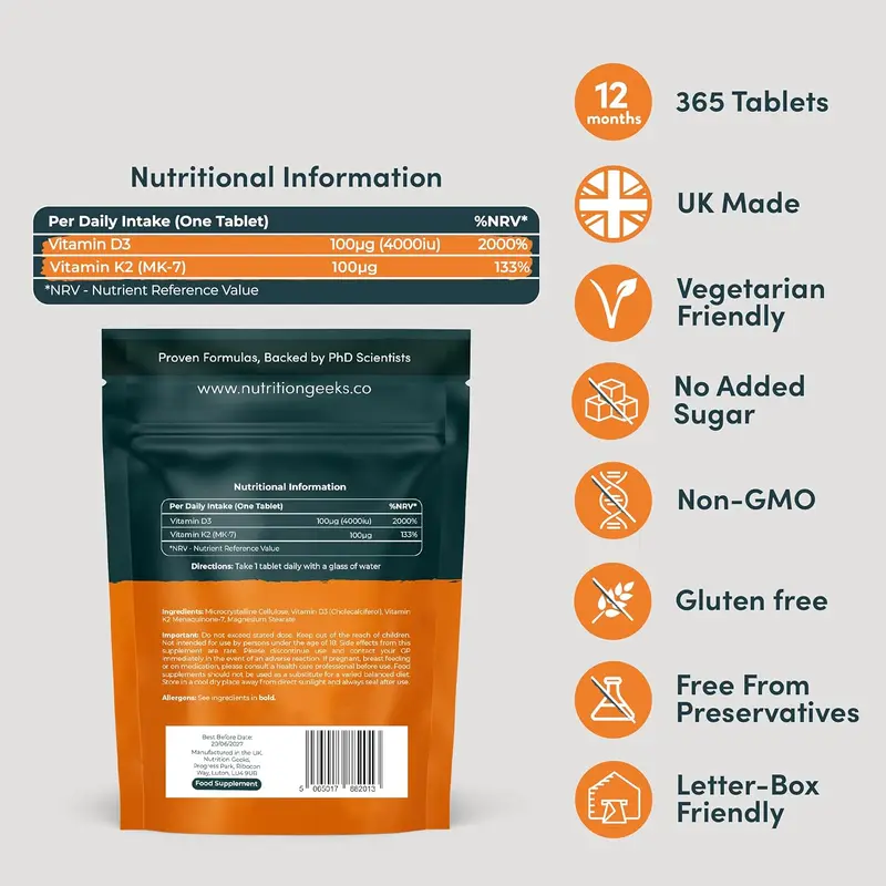 Vitamin D3 4000 iu & Vitamin K2 MK7 100μg - 1 Year Supply, 365 Easy-Swallow Vitamin D3 K2 Tablets, 1-A-Day High Strength Vegetarian D3 and K2 Vitamin Supplements,  Vitamin D Tablets 2