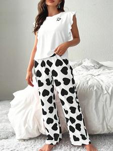 Women's Heart Print Tee & Pants Pyjama Two-Piece Set, Casual Comfy Round Neck Sleeveless Top & Trousers PJ Set, Ladies Sleepwear for All Seasons, Loungewear