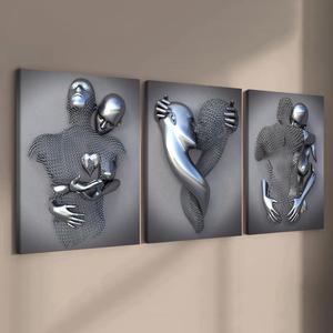 Wooden Framed Canvas Painting, 3 Counts Abstract Metal Figure Pattern Wall Art, Modern Art Wall Decor for Home Living Room Bedroom