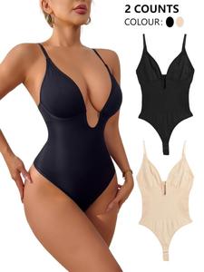 Women's Solid Deep V Neck Seamless Shapewear Bodysuit, High Stretch Tummy Control Butt Lift Shaper, Ladies Shapewear for All Seasons