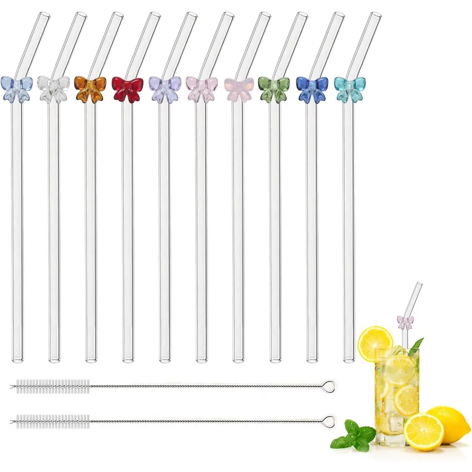 VirtuGro Reusable Glass Straws with Charms, 10Pcs Cute Colorful Bow Straws with 2pcs Cleaning Brush, Resistant Reusable Straw Bent Drinking Straws for Smoothies Cocktails Milkshakes Juices Plastic Stainless