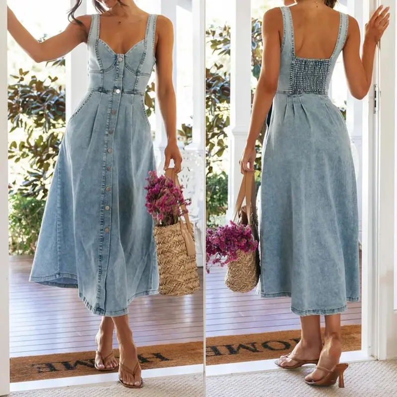 Women Dress Denim Long Dresses Sling Sleeveless V Neck Elegant Splice Single Breasted Slim Fit High Waist Backless Vestidos 1