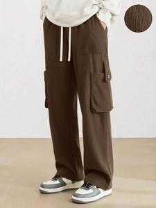Men's Solid Drawstring Waist Cargo Pants, Loose Casual Pocket Straight Leg Trousers for Fall & Winter, Men's Bottoms for Daily Wear