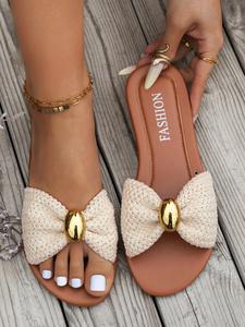 Women's Fashion Bow Sandals, Soft Knit Upper, Metal Round Buckle Decor, Flat Comfortable Sole, Perfect for Beach Vacation & Daily Commute