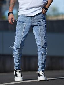 Men's Regular Fit Plain Ripped Slim Jeans, Casual Comfy Denim Pants for Daily Wear, Fashion Men's Bottoms for All Seasons, Cotton