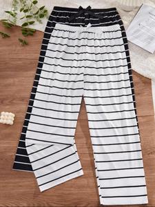 【Plus Size】 Striped Print Bow Decor Pajama Pants, Casual Comfy Trousers for Daily Wear, Women's Sleepwear for All Seasons, Pjs, Womenswear