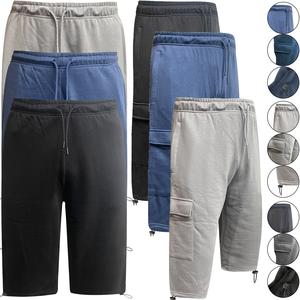 3 Pack Mens Long Stretch Cargo Shorts Elasticated Waist Gym Sweat 3/4 Jersey Jogging Pants Below Knee Fleece Running Menswear Modestwear