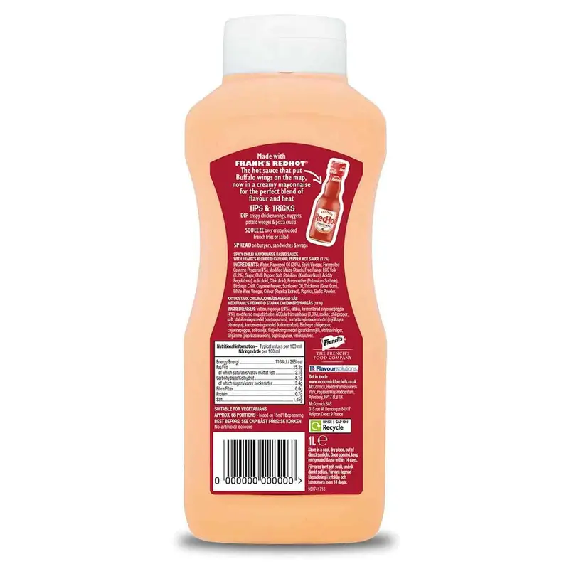 Frank's RedHot Spicy Mayo with Cayenne Pepper Chili Mayonnaise Sauce Dip Pack 1L 1