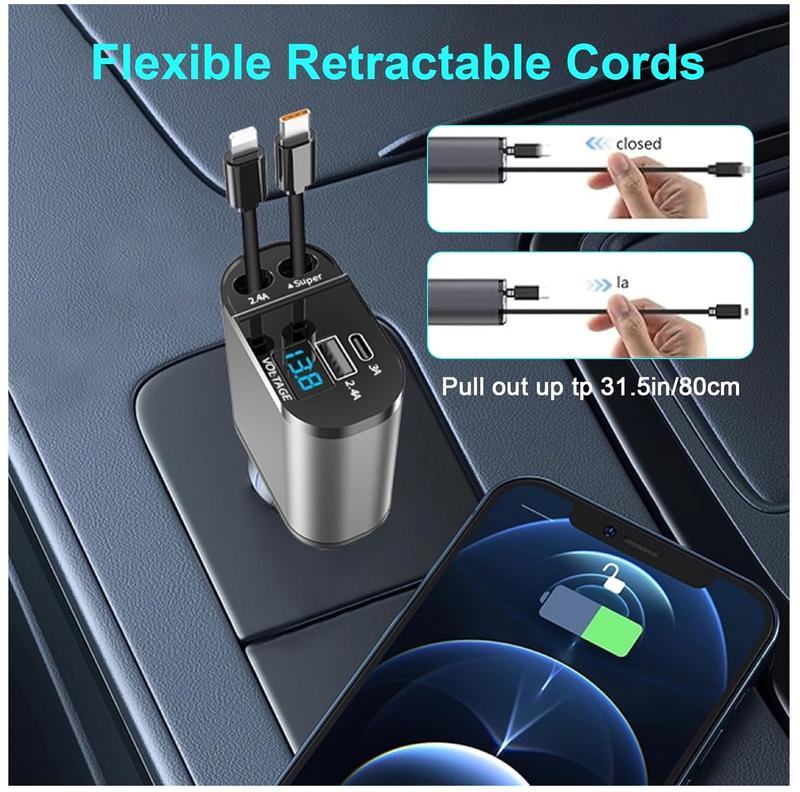 AHDXKUE Retractable Car Charger Adapter, 4 In 1 Car Charger with Retractable Cables and Voltage Display, Car Phone Charger with USB/USB-C Ports, Cigarette Lighter USB Charger for 12V / 24V Vehicles 2