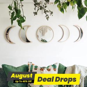 Home Decor Products Moon Cycle Design Wall Mirror Ornaments, 5 Counts Wooden Wall Art Hanging Decor for Home Living Room Bedroom, Spring Refresh Decor, Summer Gift