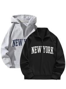 Men's Letter Print Half Zip Sweatshirt ＆ Hoodie Set, Casual Loose Long Sleeve Pullover ＆ Hooded Sweatshirt for Spring & Fall, Fashion Men's Top for Daily Wear