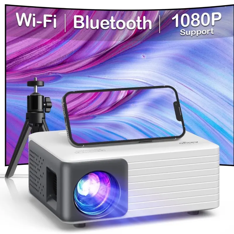 Mini Projector Full HD 1080P Support with WiFi Bluetooth, Portable Movie Projector with Tripod - Audio 0