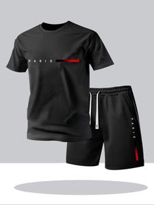 Men's Letter Print Tee & Drawstring Waist Shorts Set, Regular Fit Round Neck Short Sleeve T-shirt & Track Shorts, Casual Summer Clothes for Outdoor