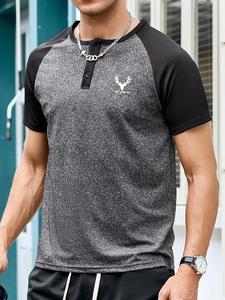 Men's Regular Fit Colorblock Graphic Print Raglan Sleeve Half Button Tee, Casual Sporty Quick Drying T-shirt for Summer, Men's Clothes for Daily Wear, Summer Clothes