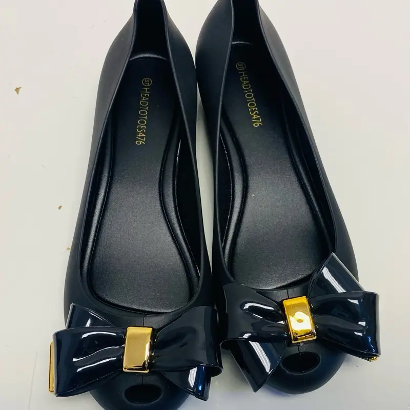 Headtotoes476 Women's Black Ballet Flats with Patent Bow and Gold Accent, Peep Toe Design for Office and School Use - Comfort, Formal, Running, Flatform Walking Shoes Footwear Girl