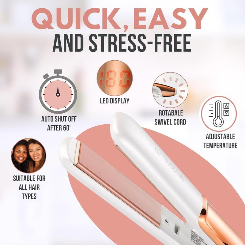 Lily England Deluxe Hair Straighteners - Ceramic 2 in 1 Flat Iron Hair Straightener & Curler - Adjustable Temperature & Fast Heating Plates - Dual Voltage 1