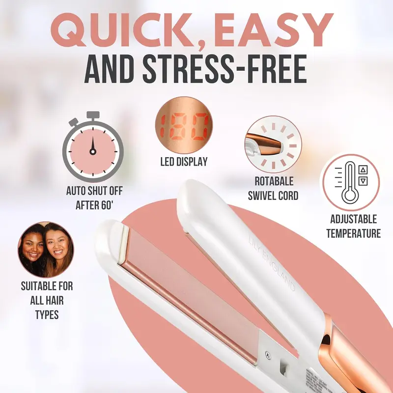 Lily England Deluxe Hair Straighteners - Ceramic 2 in 1 Flat Iron Hair Straightener & Curler - Adjustable Temperature & Fast Heating Plates - Dual Voltage 1