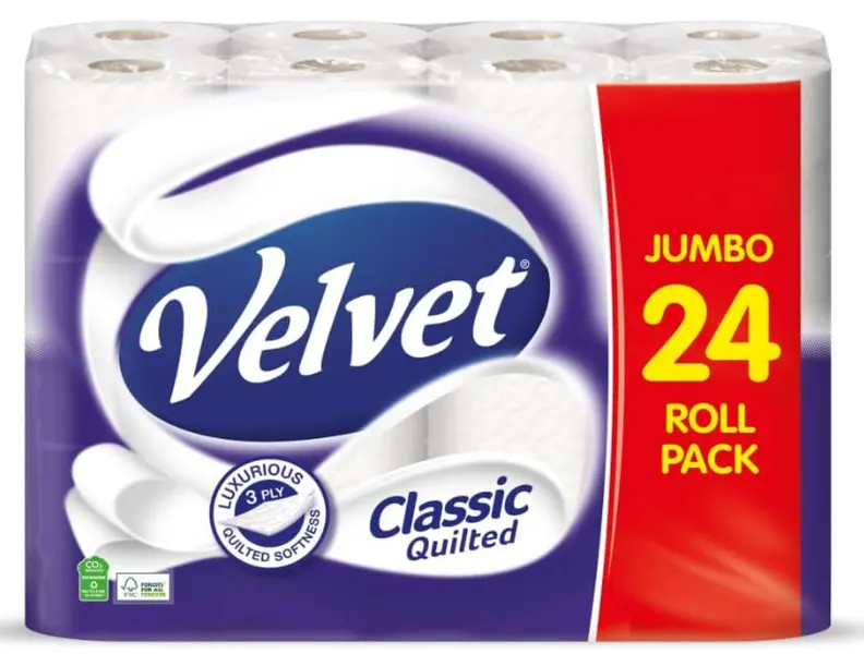 Velvet Classic Quilted Toilet Tissue 24 Rolls - Luxuriously Soft, Strong and Absorbent Toilet Roll - Jumbo Bulk Pack 24 Rolls - 3-ply - White Kitchen Wipes