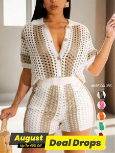 Women's Hollow Out Button Front Top & High Waist Shorts Set, Summer Clothes, Casual Colorblock Striped Print Short Sleeve Collared Top & Shorts, Summer Outfits, Womenswear, Casual Fashion Set