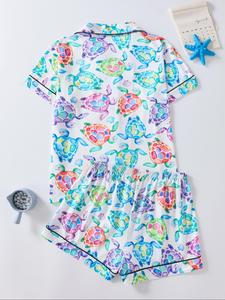 Women's Turtle Print Shirt & Shorts Pajama Two-piece Set, Casual Comfy Short Sleeve Top & Shorts Pajama Set, Ladies Summer Sleepwear & Loungewear